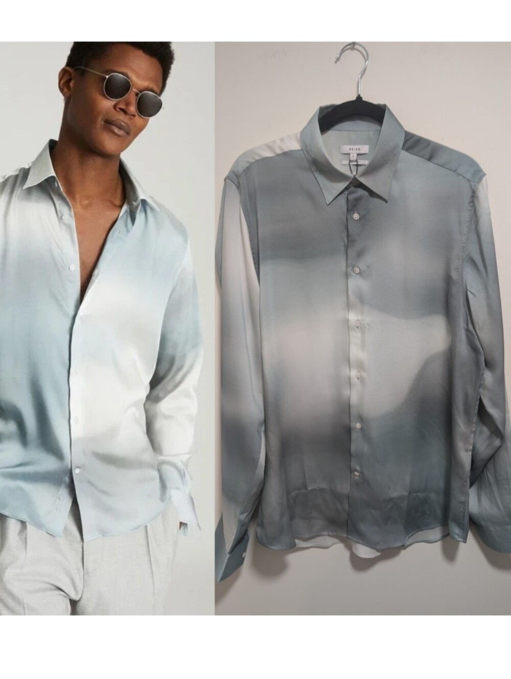 Reiss | Cinder Abstract Ombre Satin Button Down Shirt In Sage Gray